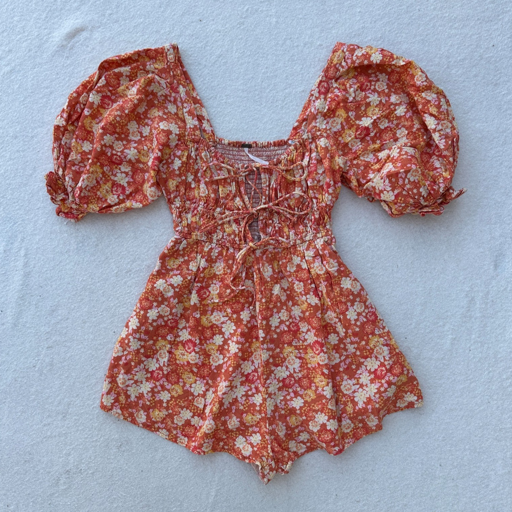 Free People Show Me Love Puff Sleeve Romper Women's XS Floral Smocked Flowy
